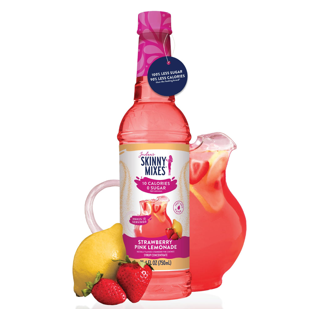 Glass with pink lemonade made with Jordan's Skinny Mixes sugar-free syrup