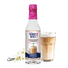 Jordan's Skinny Mixes French Vanilla sugar-free syrup bottle pouring rich vanilla coffee flavor
