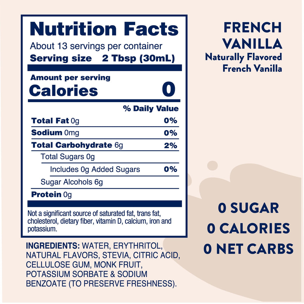 Jordan's Skinny Mixes French Vanilla sugar-free syrup bottle over latte for creamy vanilla lift