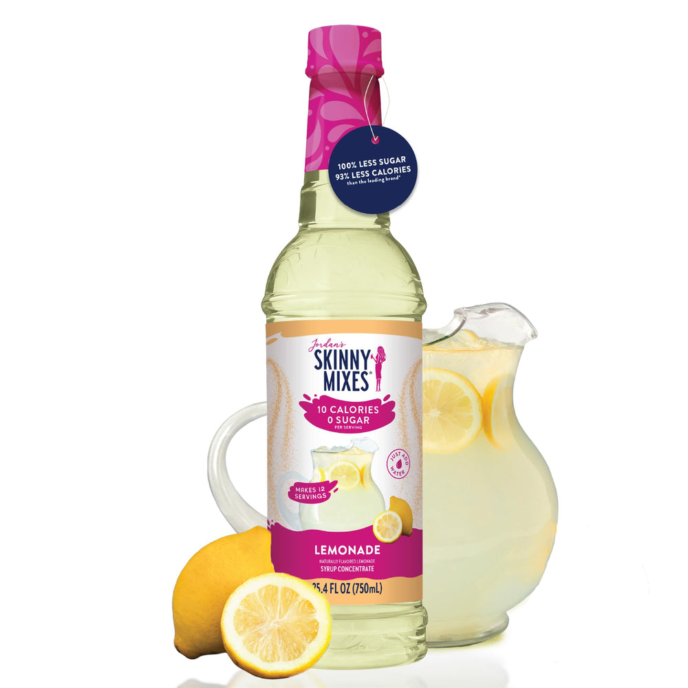 Jordan's Skinny Mixes Sugar Free Syrup dispenser highlights customizable sweetness for sparkling water.
