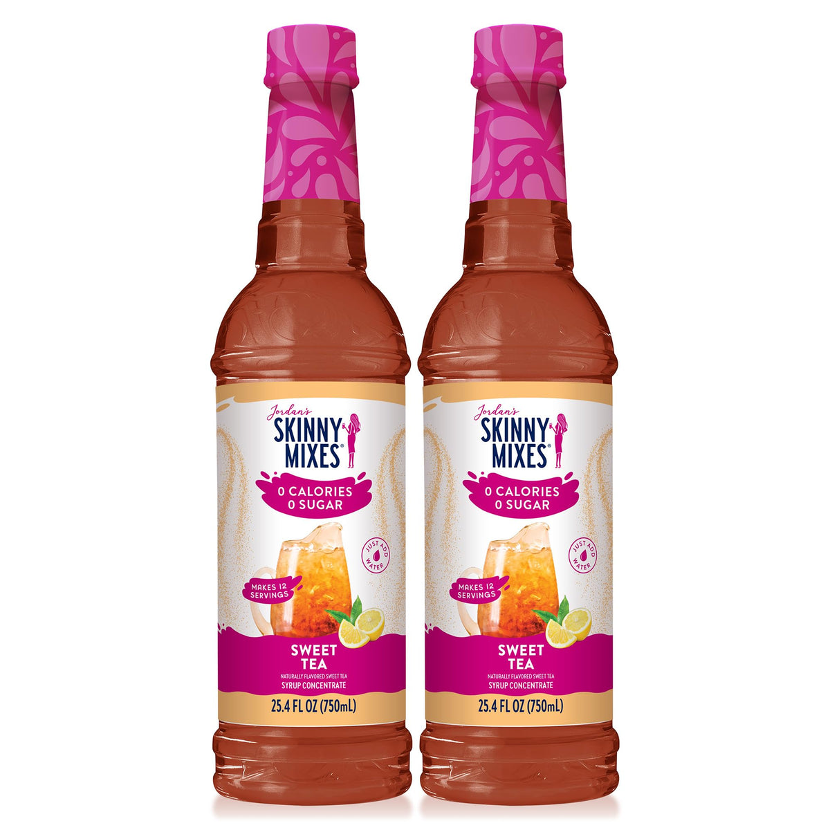 Jordan's Skinny Mixes sugar-free syrup pour into lemonade bottle for zero-calorie flavor.