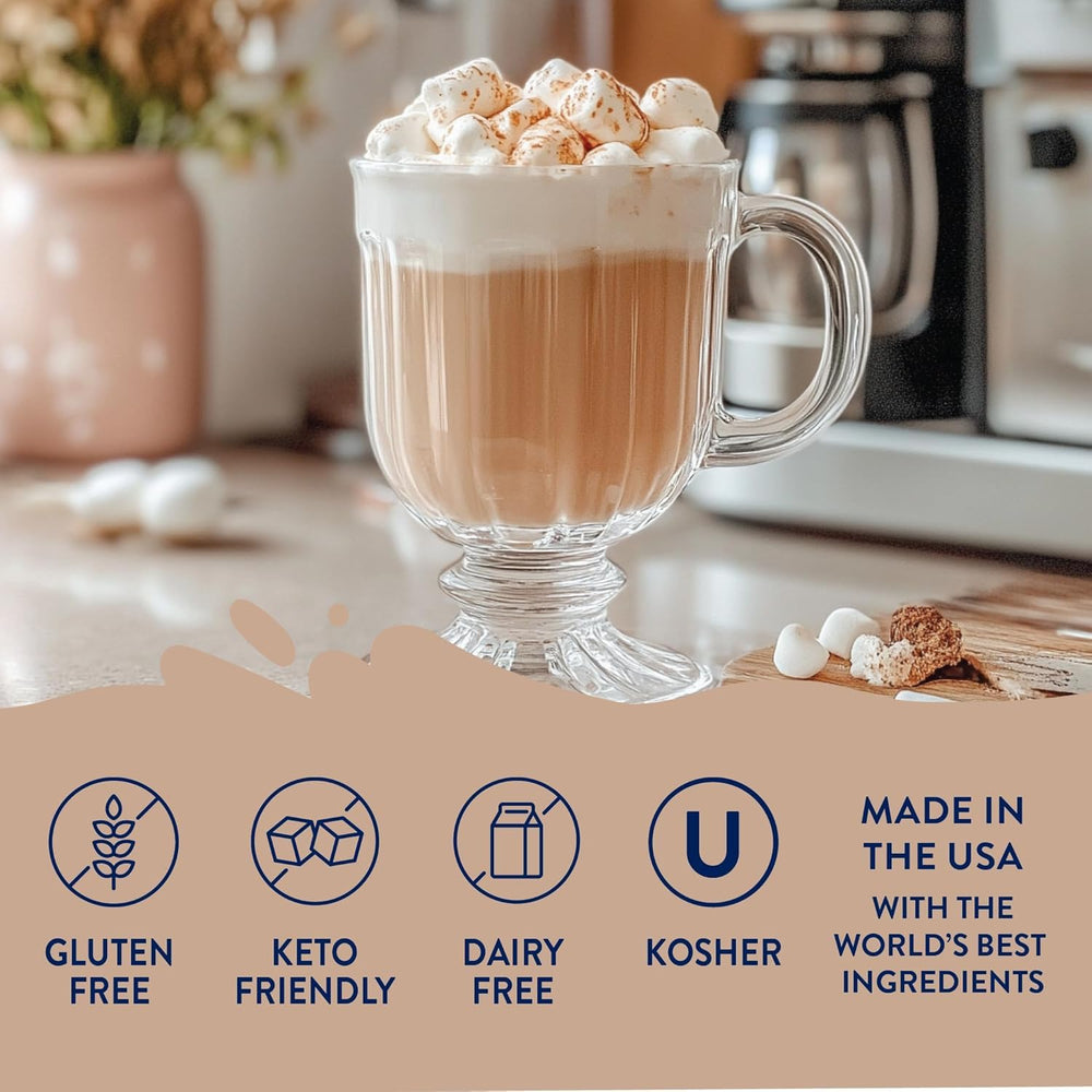 Jordan’s Skinny Mixes toasted marshmallow syrup beside a protein shake for flavor