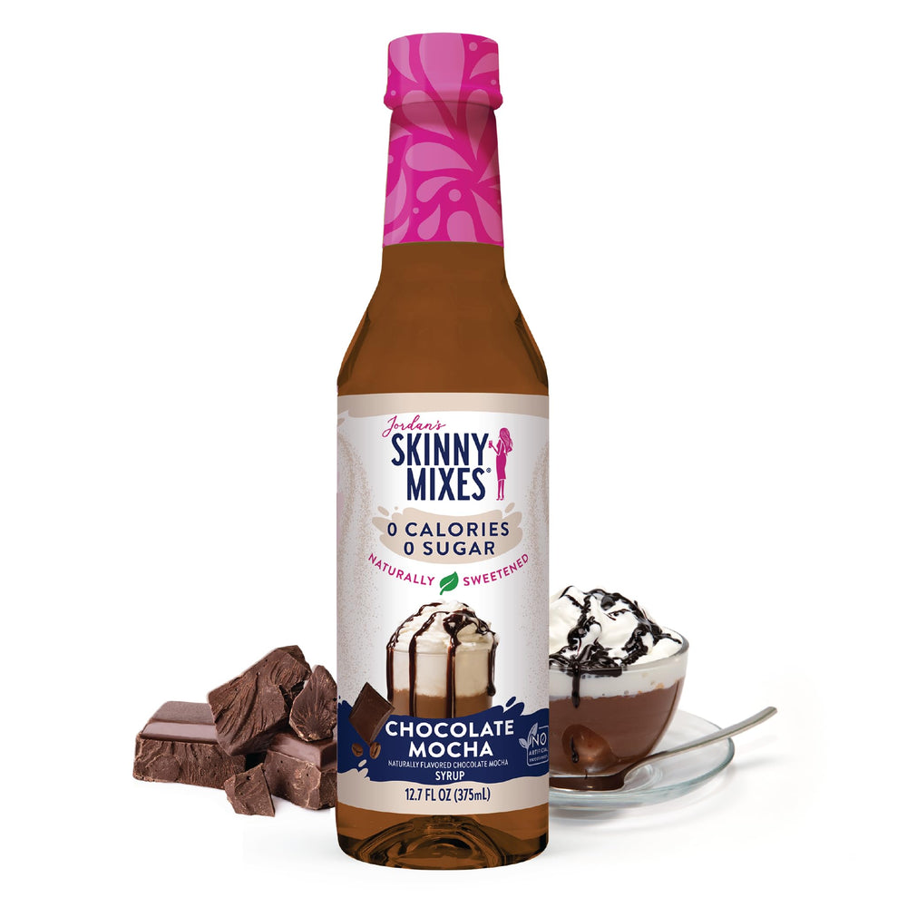 Jordan's Skinny Mixes Chocolate Mocha syrup bottle pour for sugar-free flavor