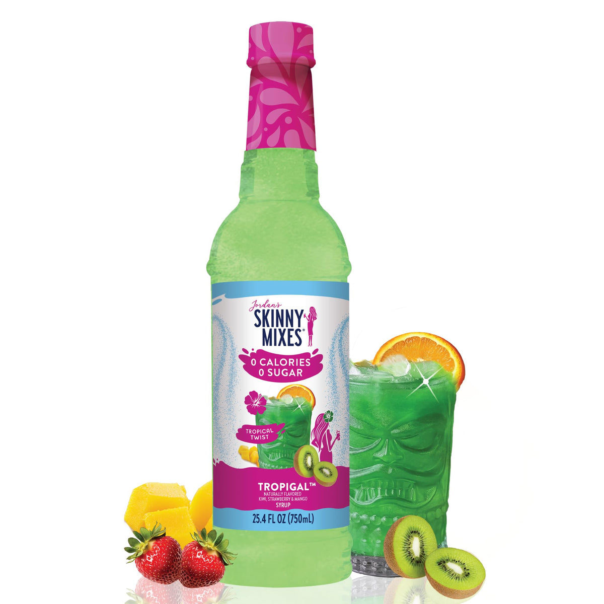 Jordan's Skinny Mixes Tropical Syrup pour in a glass of water for a zero-sugar refreshment.