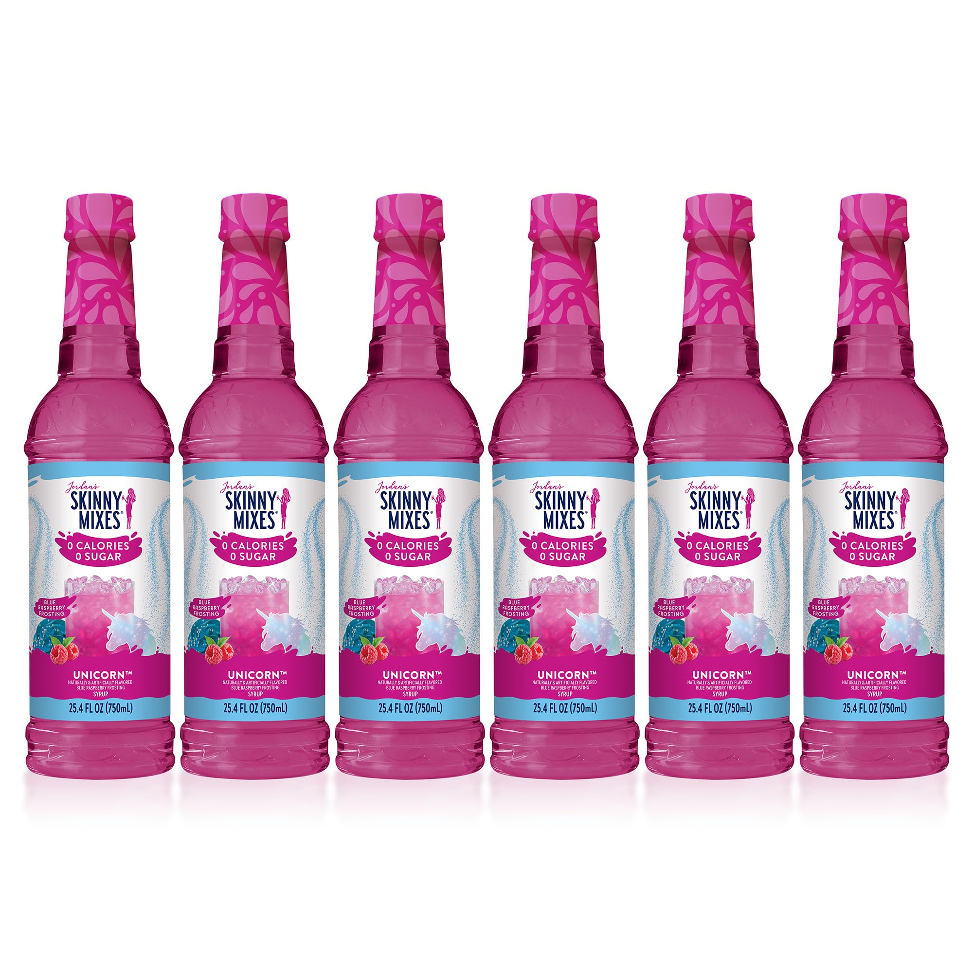 Jordan's Skinny Mixes Unicorn Syrup bottle, zero-sugar flavor enhancer for drinks.