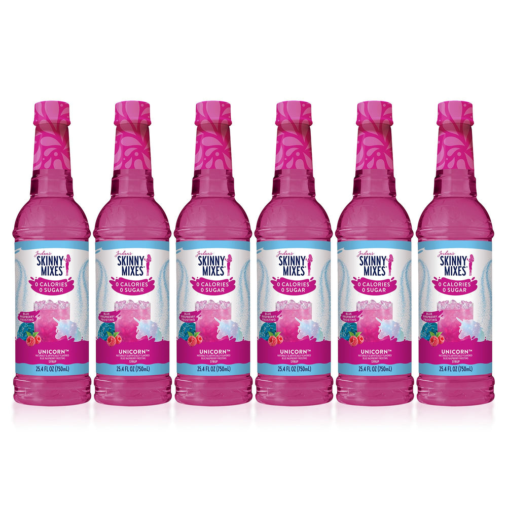 Jordan's Skinny Mixes Unicorn Syrup bottle, zero-sugar flavor enhancer for drinks.