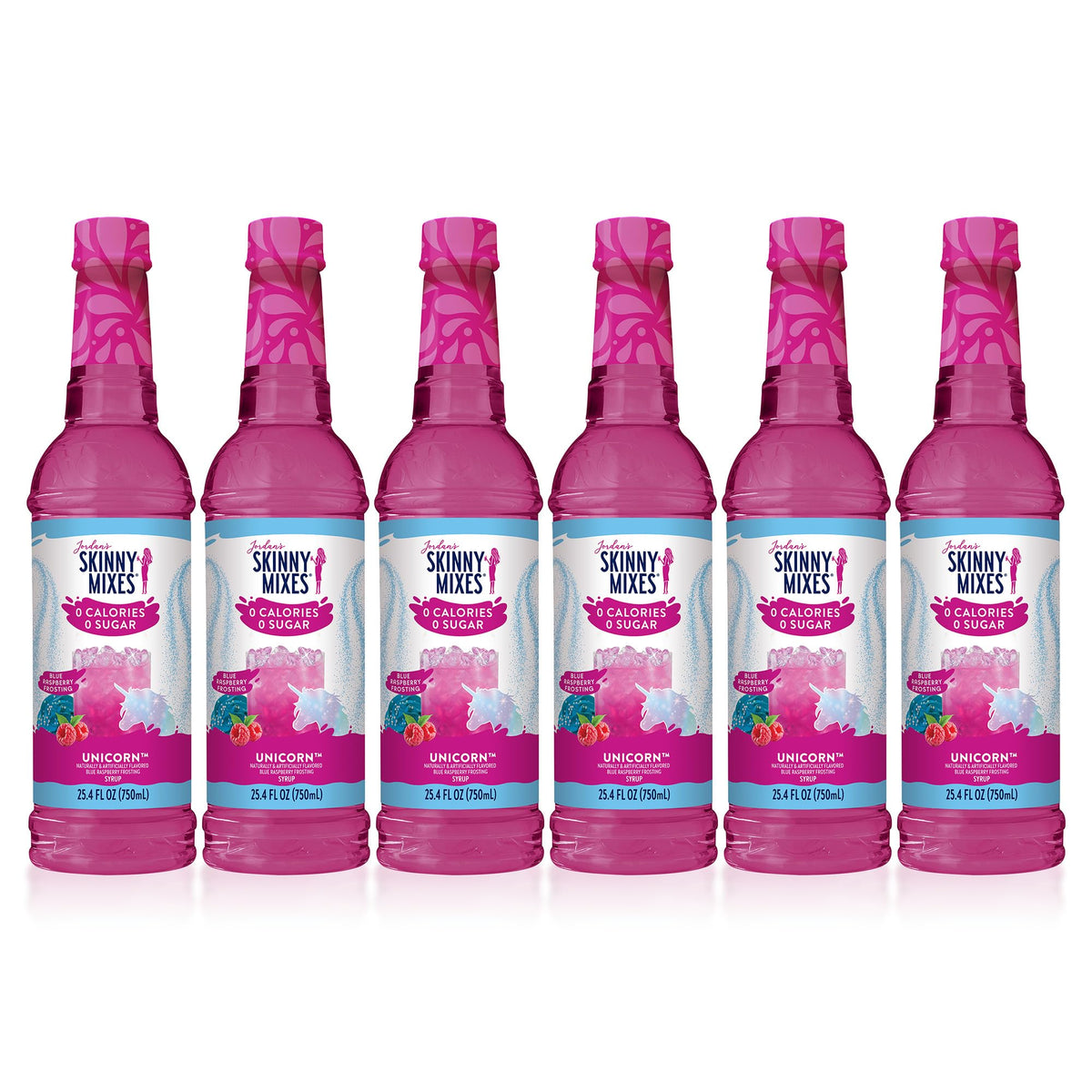 Jordan's Skinny Mixes Unicorn Syrup bottle, zero-sugar flavor enhancer for drinks.