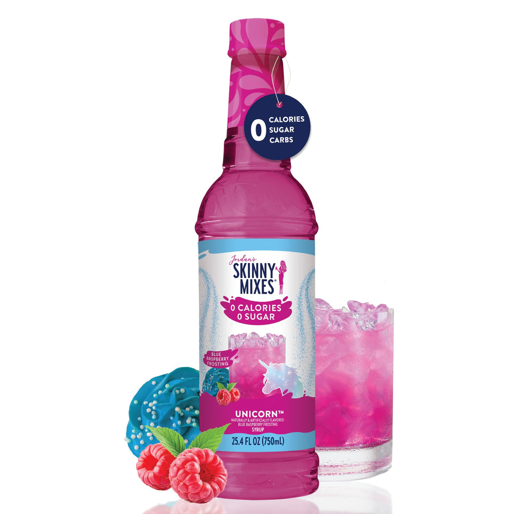 Jordan's Skinny Mixes Unicorn Syrup bottle on kitchen counter ready to sweeten drinks.