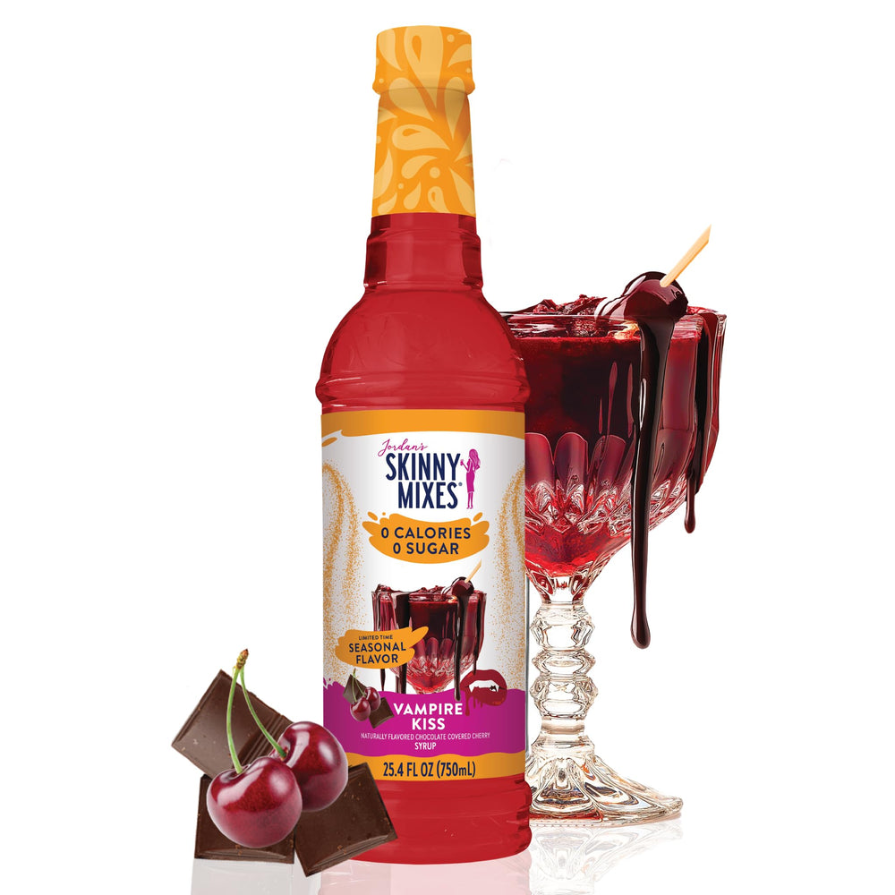Jordan's Skinny Mixes Vampire Kiss coffee syrup bottle adds rich zero-calorie coffee flavor.