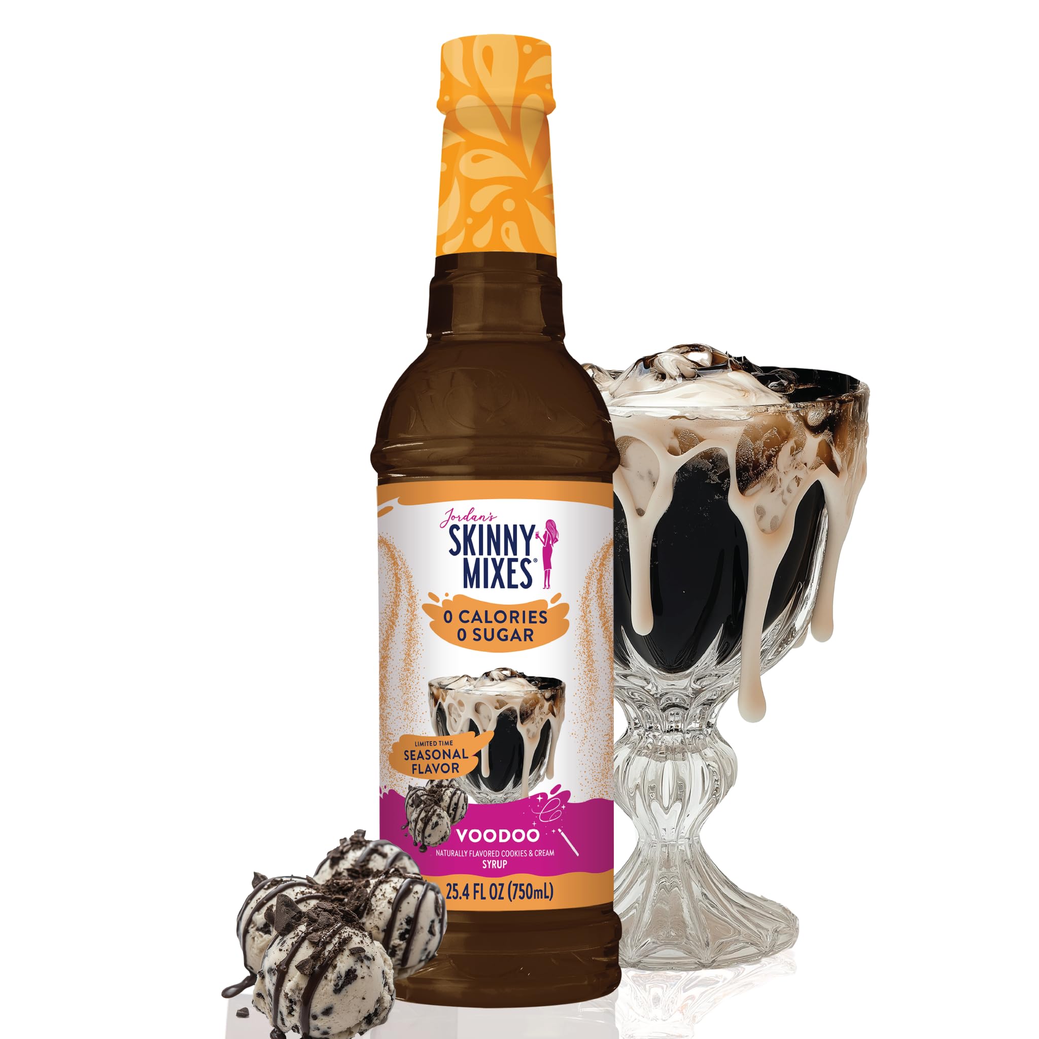 Jordan's Skinny Mixes Voodoo Cookies & Cream bottle showing sugar-free flavor for coffee