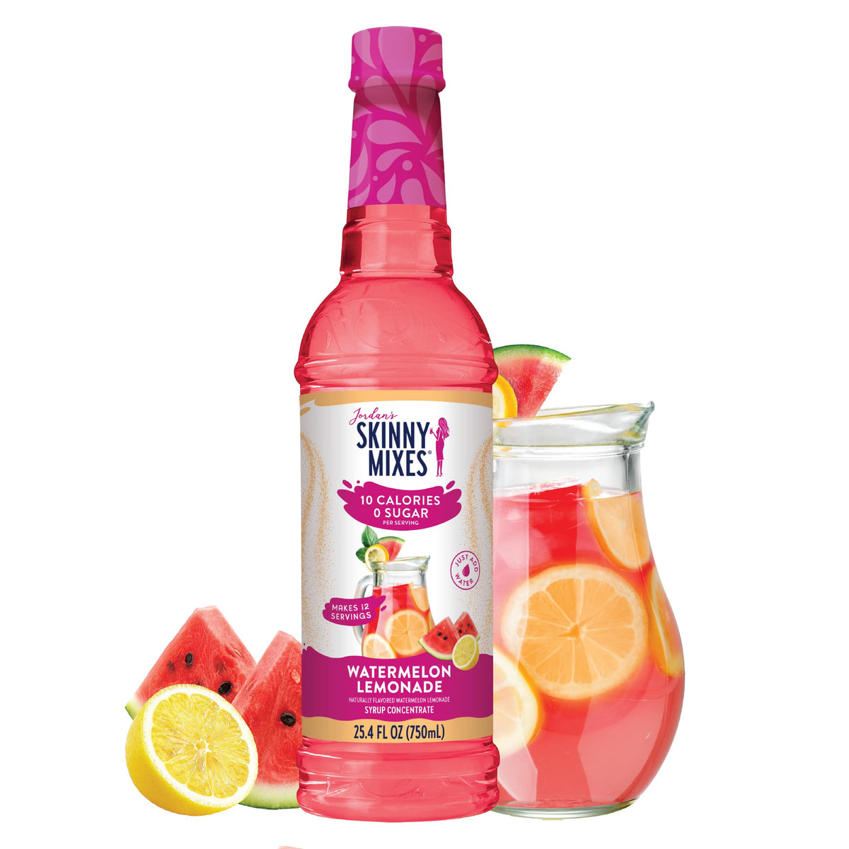 Jordan's Skinny Mixes Watermelon Lemonade syrup bottle adds zero-calorie flavoring for drinks