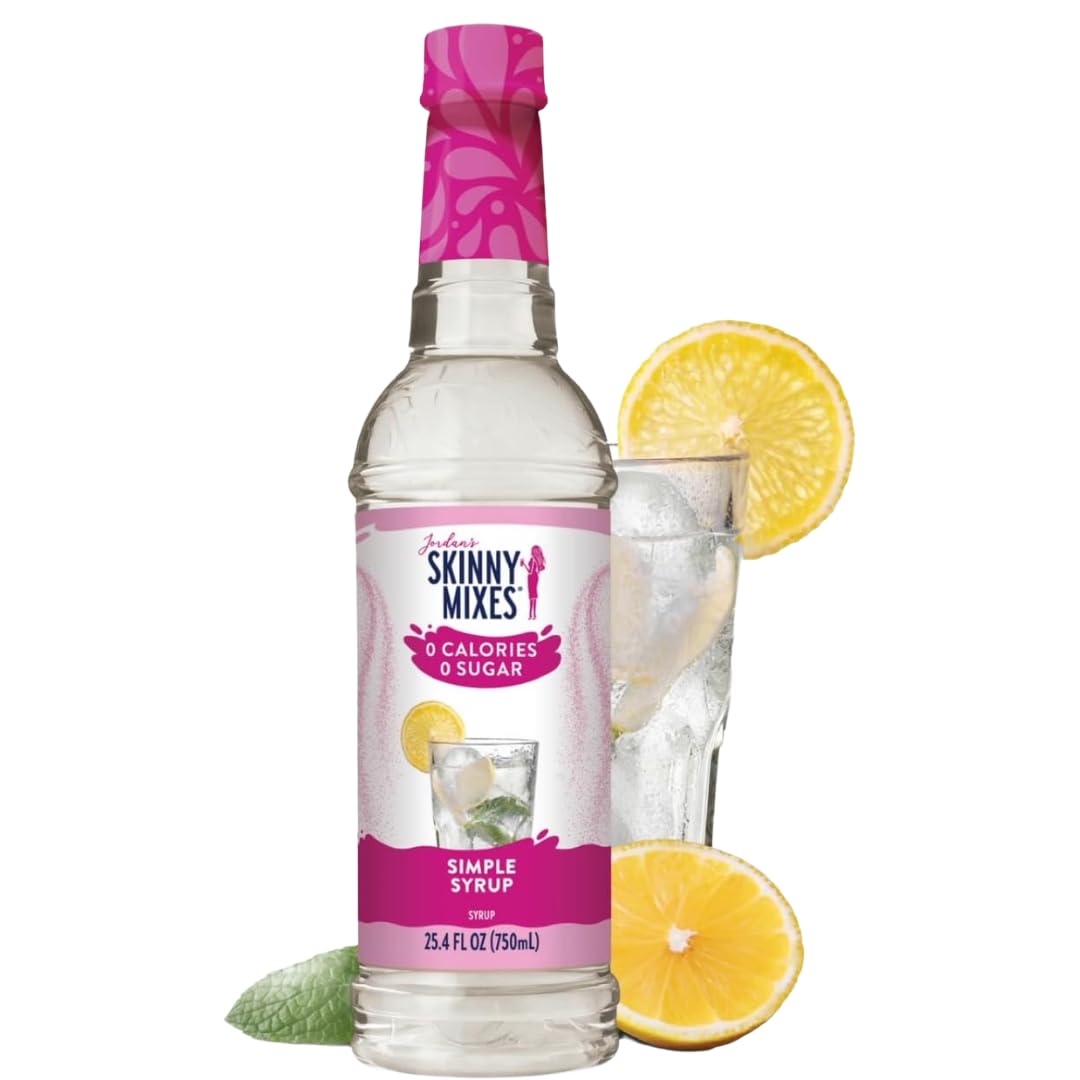 Jordan's Skinny Syrups bottle close-up highlighting zero calories and zero sugar.