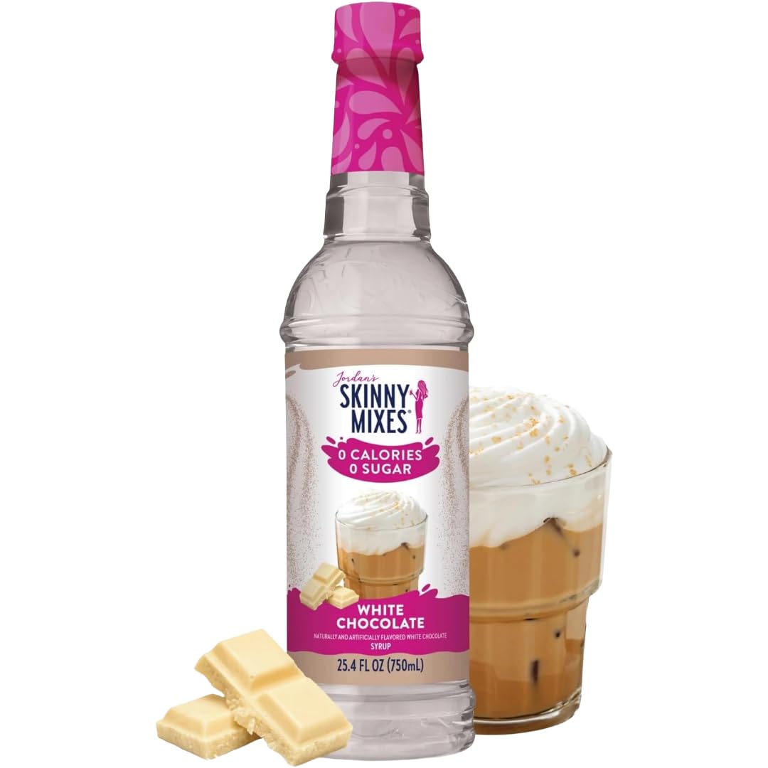 Jordan's Skinny Syrups White Chocolate Sugar Free bottle poured into a mug for rich flavor
