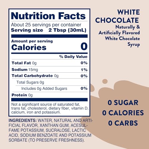 Jordan's Skinny Syrups White Chocolate Sugar Free beside a coffee setup showing zero calories