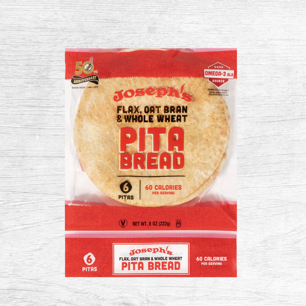 Joseph's Flax Pita flax and oat bran visuals, supports balanced meals