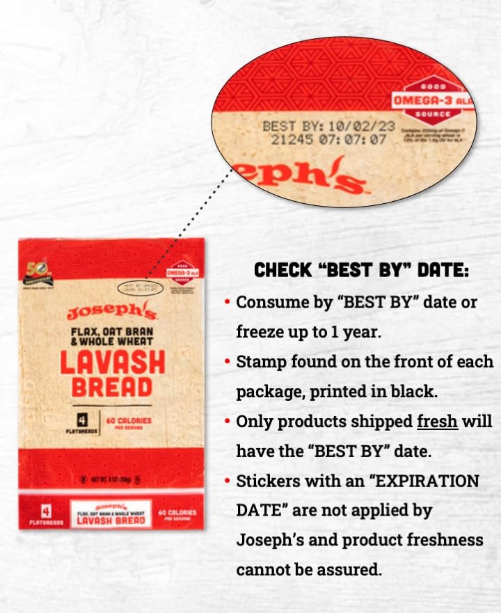 Joseph's Lavash Bread indicates shelf life guidance after defrost.