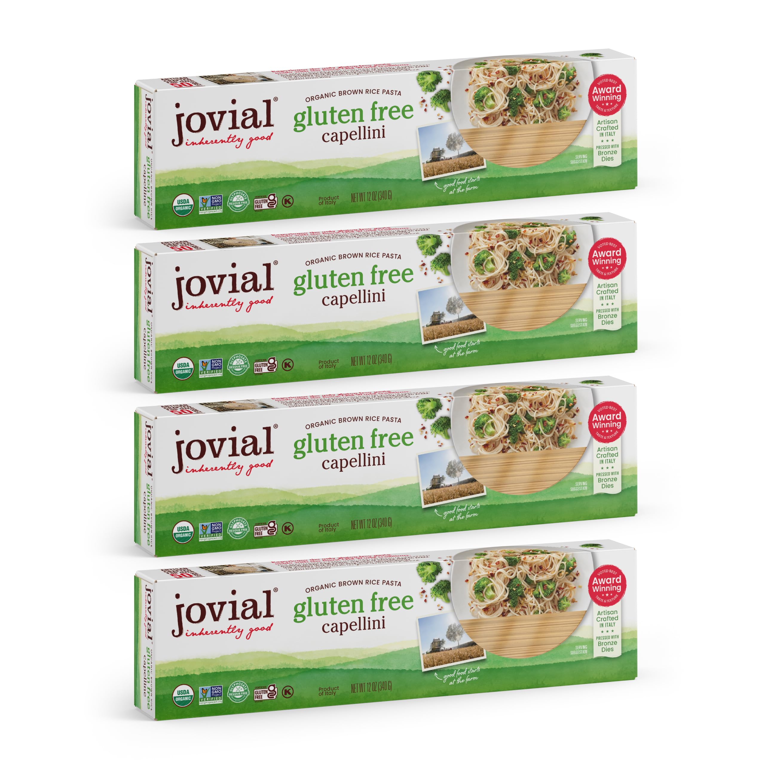 Jovial Brown Rice Capellini packaging highlighting organic gluten-free pasta.