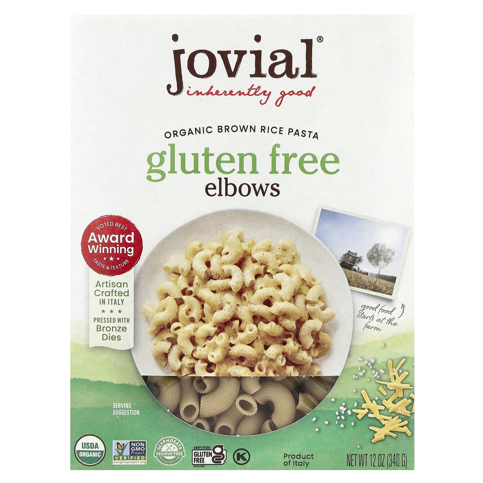 Jovial brown rice elbows pasta package, gluten-free and organic, ready for cooking.