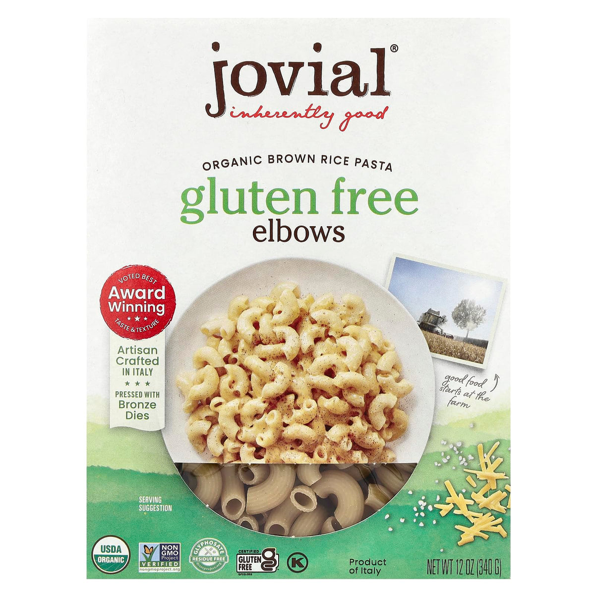 Jovial brown rice elbows pasta package, gluten-free and organic, ready for cooking.