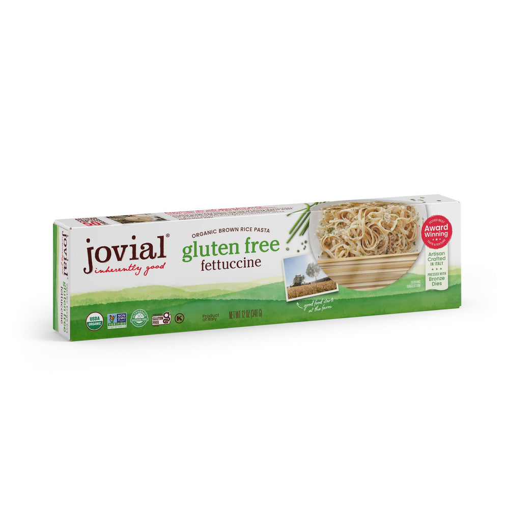 Jovial brown rice fettuccine dry pasta with wholesome whole grains.