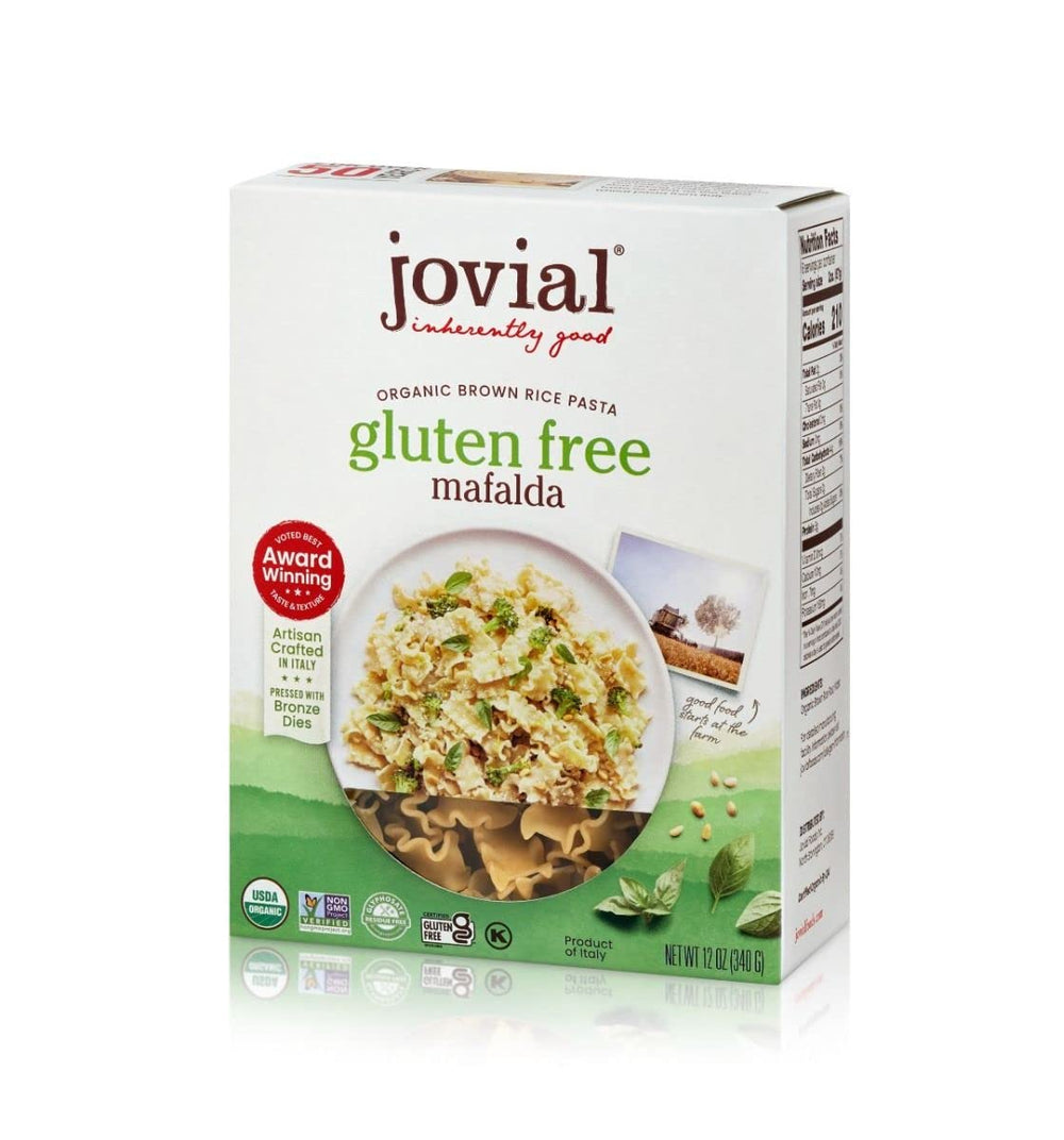Jovial brown rice Mafalda packaging showcases gluten-free pasta.