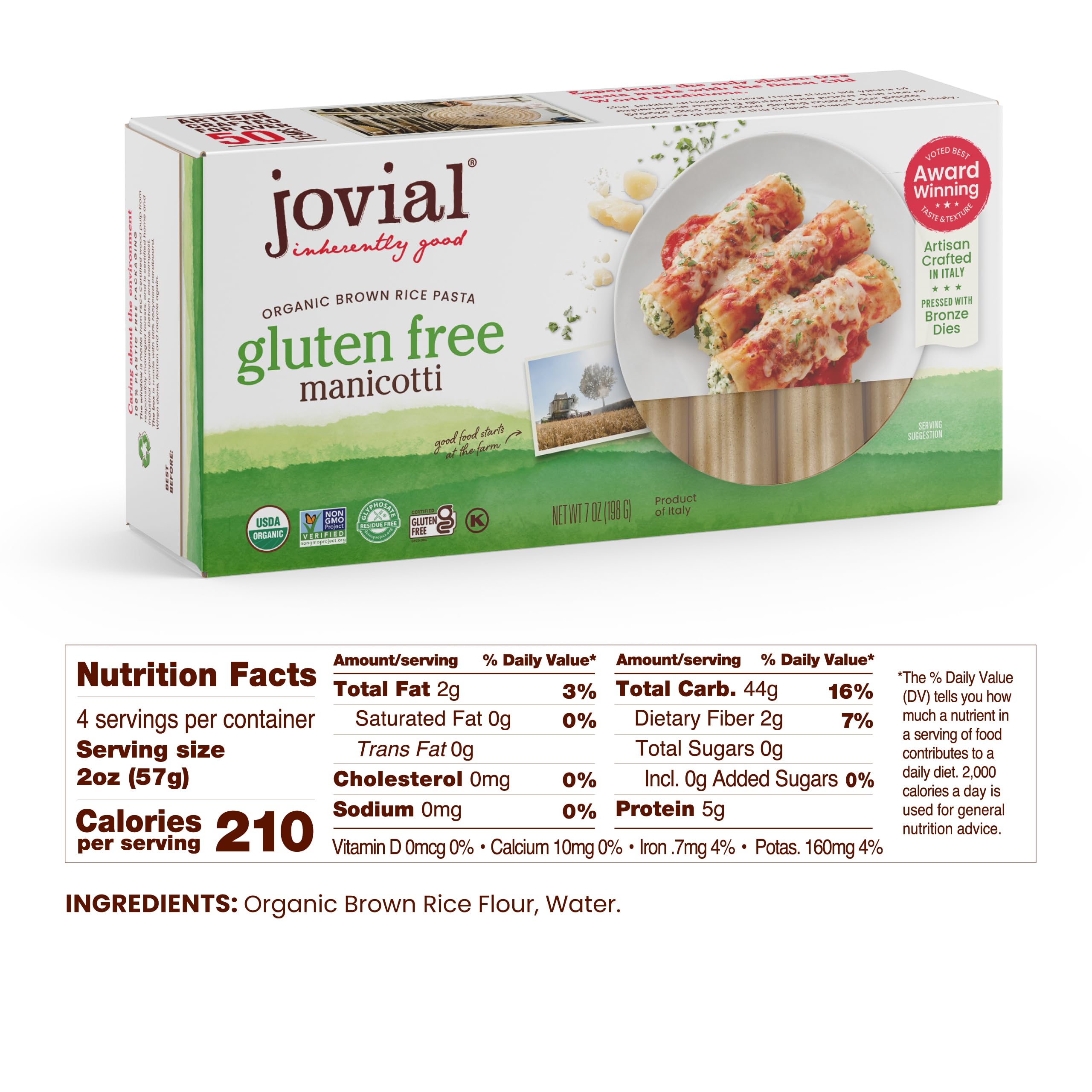 Jovial brown rice manicotti dry pasta bundles ready to cook.