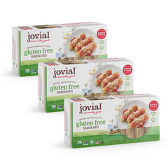 Jovial brown rice manicotti packaging showing the gluten-free 3-pack for easy stocking.
