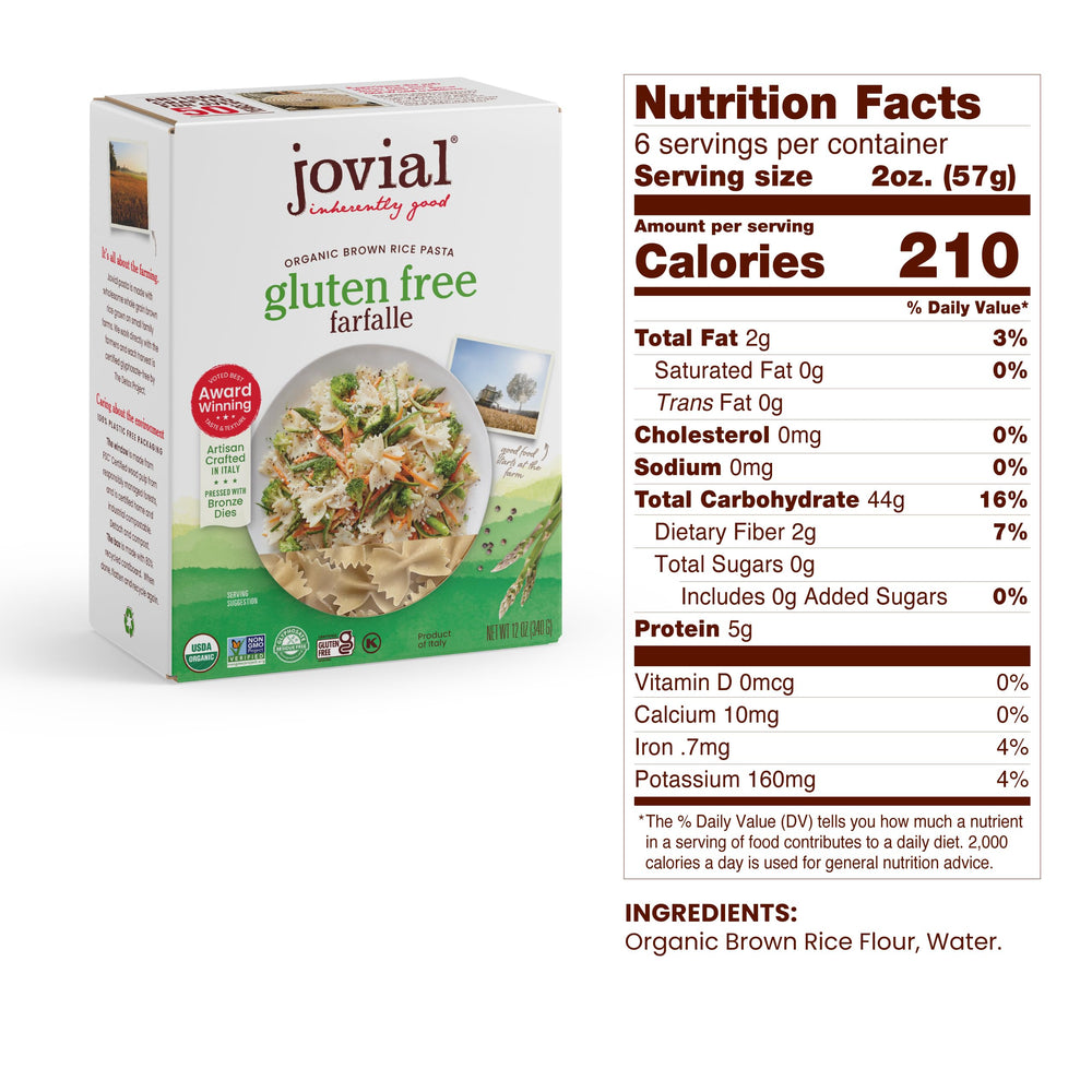 Jovial Brown Rice pasta elbows packaging showcases certified gluten-free quality for free-from meals.
