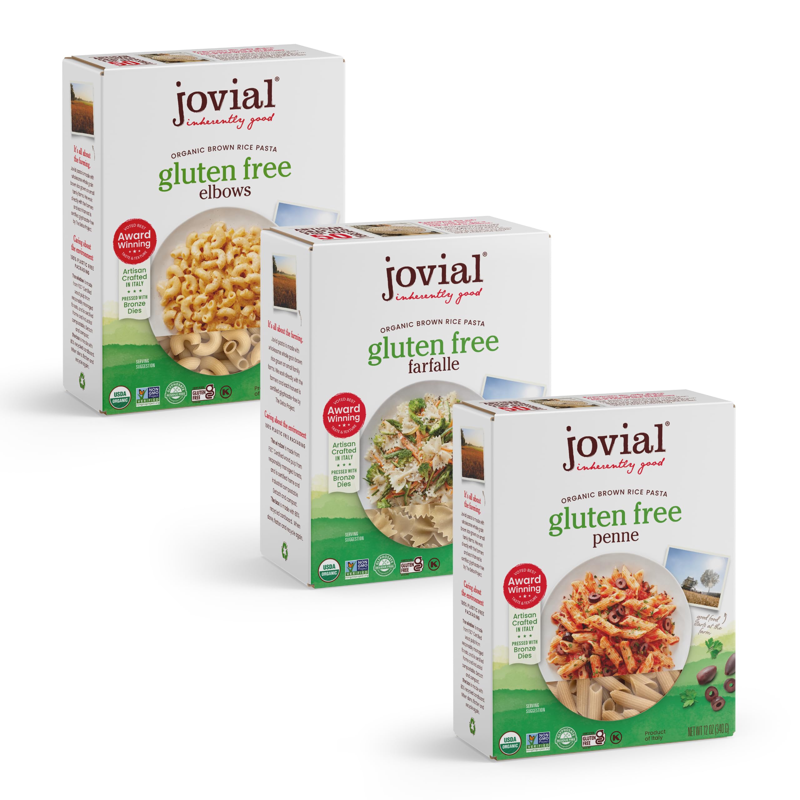 Jovial Brown Rice pasta farfalle packaging highlights gluten-free, whole grain goodness.