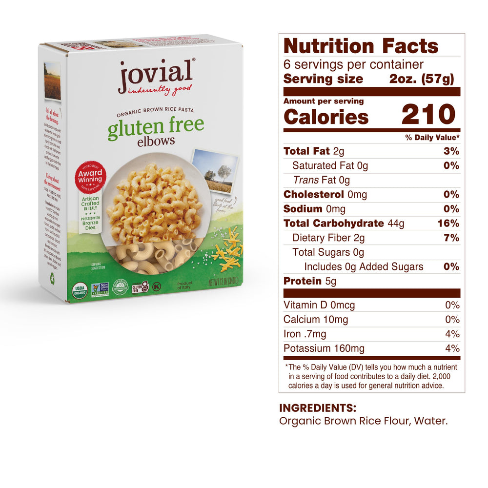 Jovial Brown Rice pasta penne packaging emphasizes simple ingredients and authentic Italian prep.