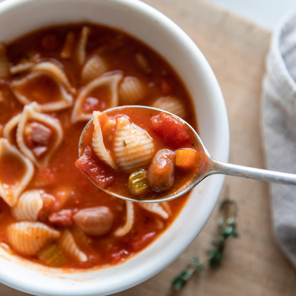 Jovial pasta on plate with tomato sauce, gluten free option