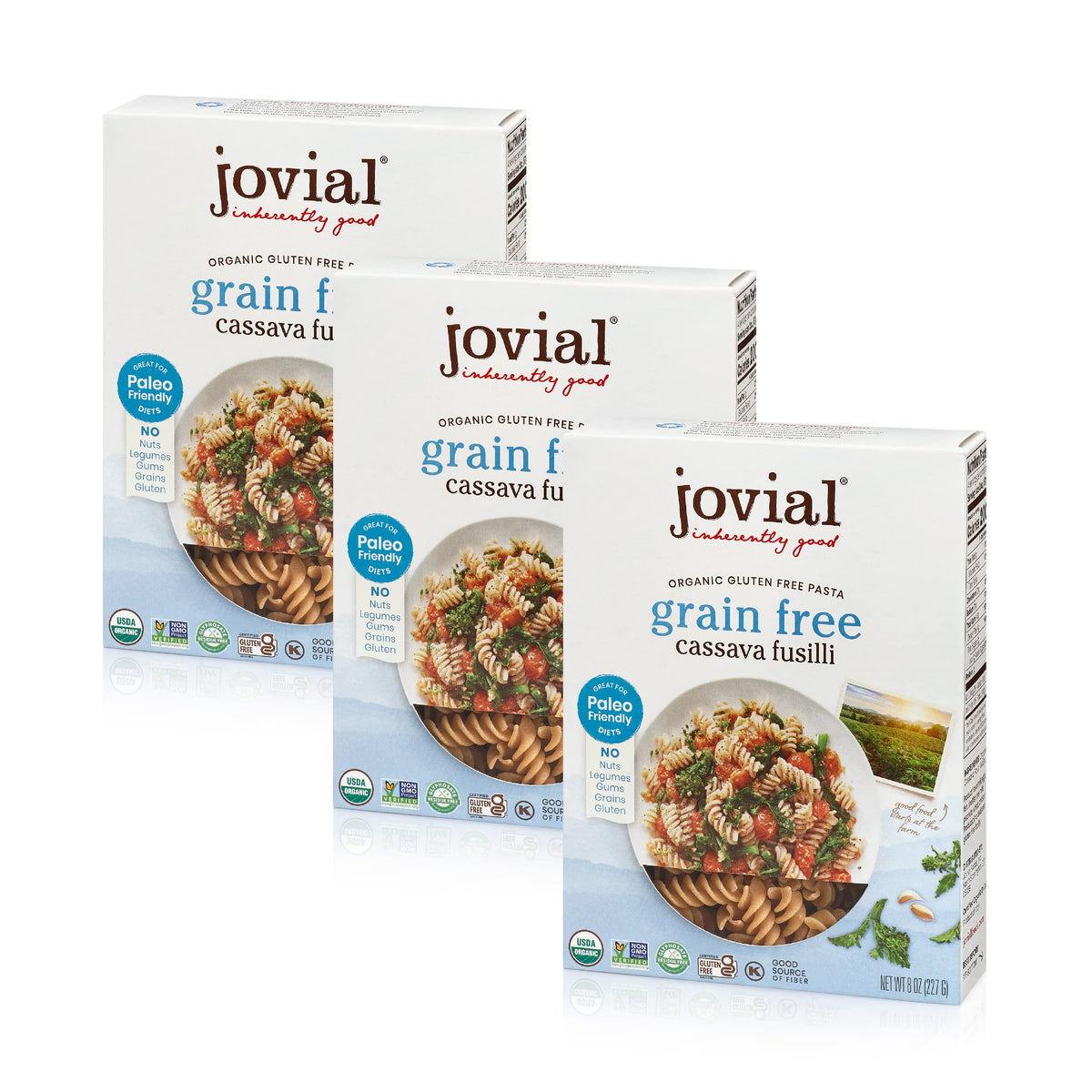 Jovial cassava fusilli 3-pack on kitchen counter, convenient gluten-free option for weeknight meals.