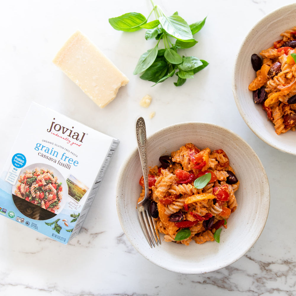 Jovial cassava fusilli served with tomato sauce in a pasta bowl, versatile for any sauce.