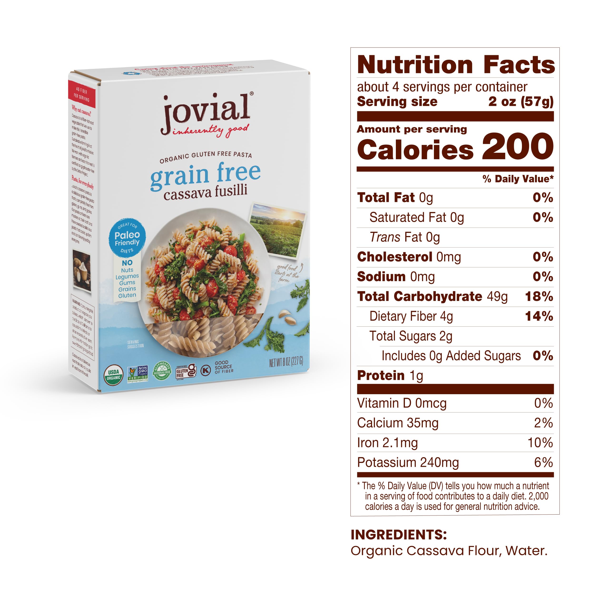 Jovial cassava fusilli uncooked strands ready to boil for gluten-free meals.