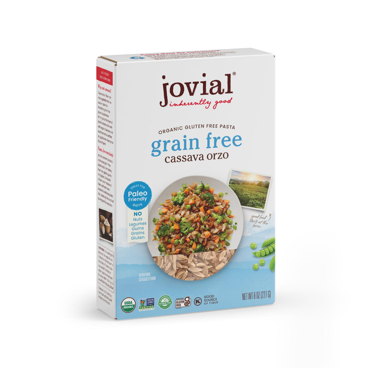 Jovial Cassava Orzo packaging showcases organic gluten-free pasta ready for the pantry