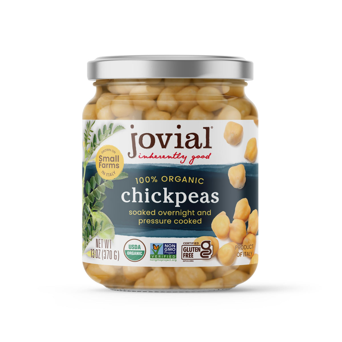 Jovial organic chickpeas in a glass jar for fiber-rich salads.