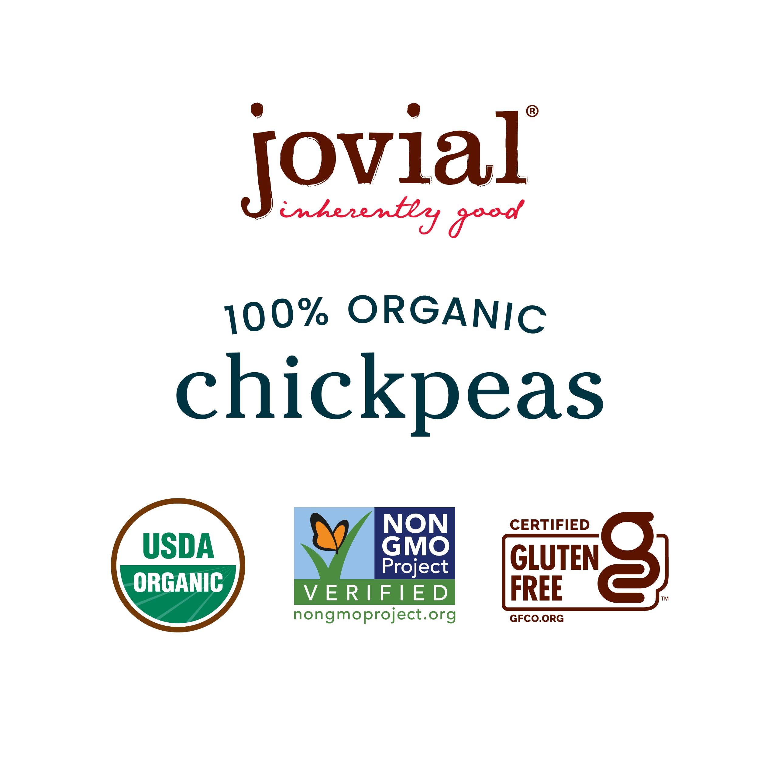 Jovial chickpeas in recyclable glass jar highlighting sustainability and no additives.