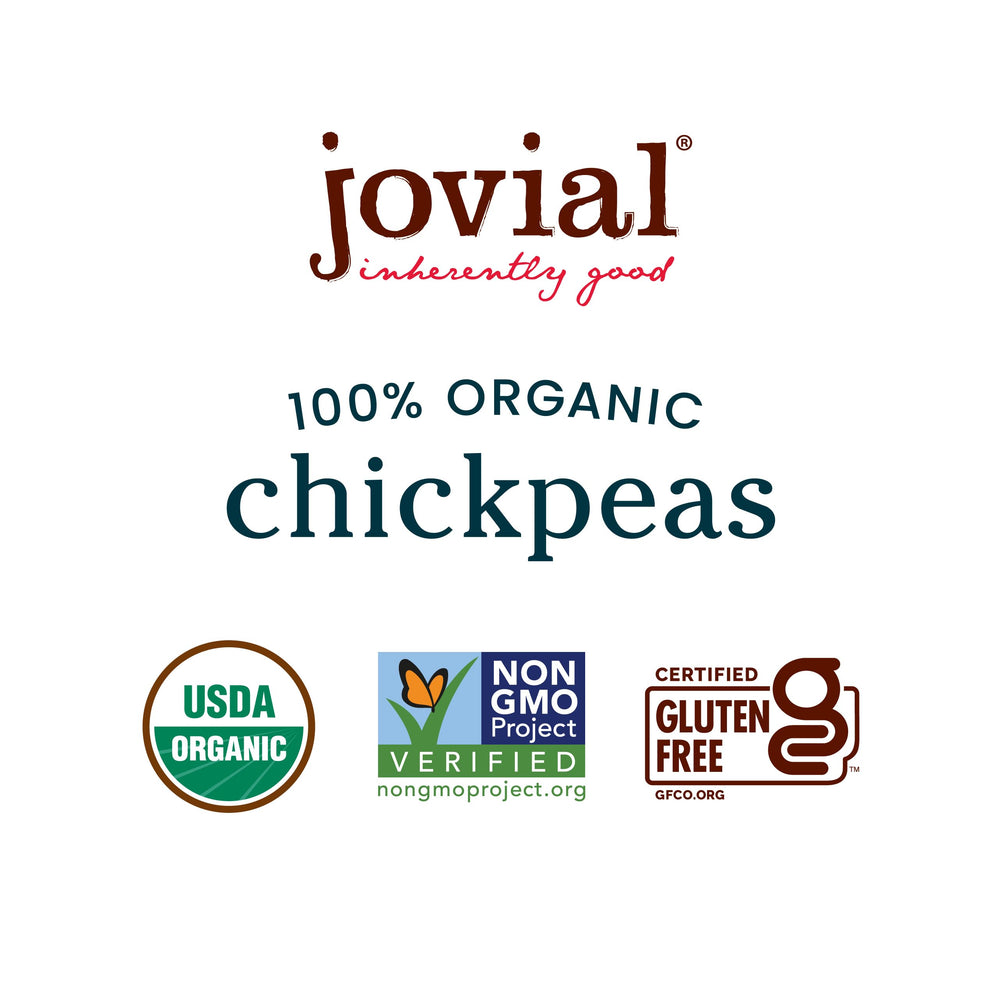 Jovial chickpeas in recyclable glass jar highlighting sustainability and no additives.