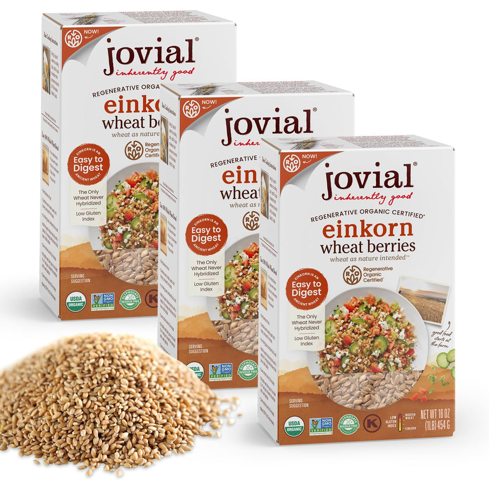Jovial Einkorn berries in a breakfast bowl, high-protein start.