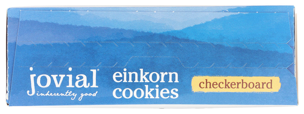 Jovial Einkorn Checkerboard Cookies packaging highlights Fair Trade sourcing.