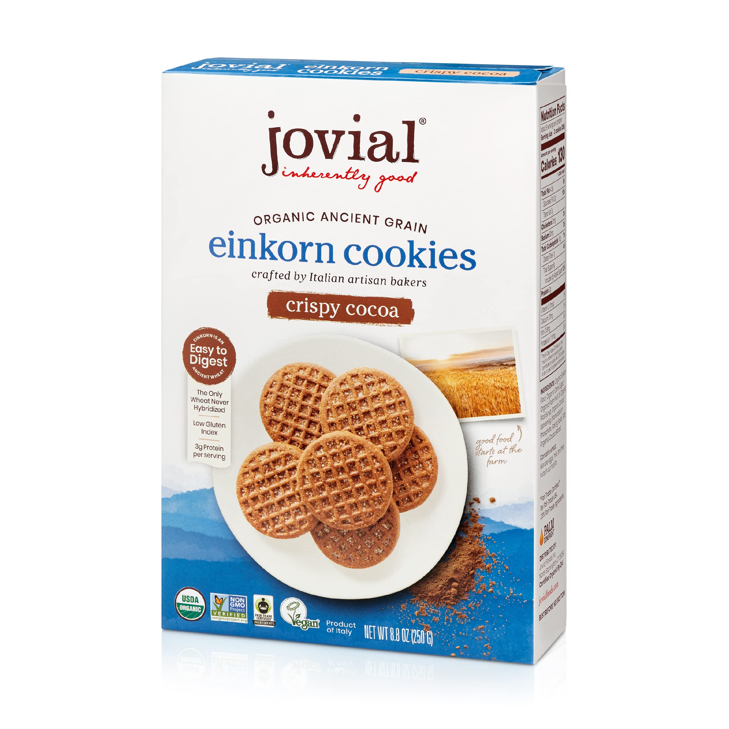 Jovial Einkorn Crispy Cocoa Cookies in a box, convenient snack for a quick coffee break