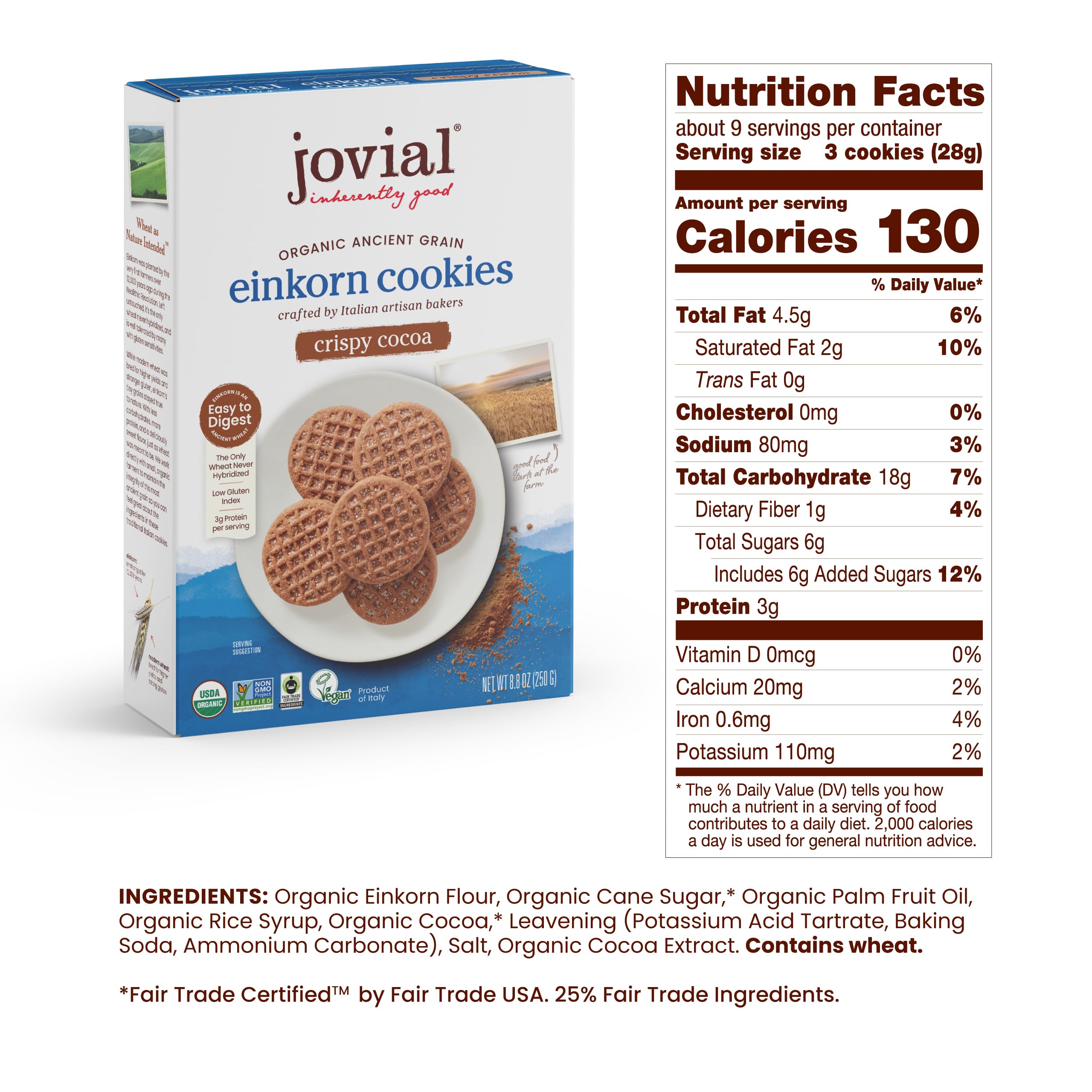 Close-up of Jovial Einkorn Crispy Cocoa Cookies showing rich cocoa texture