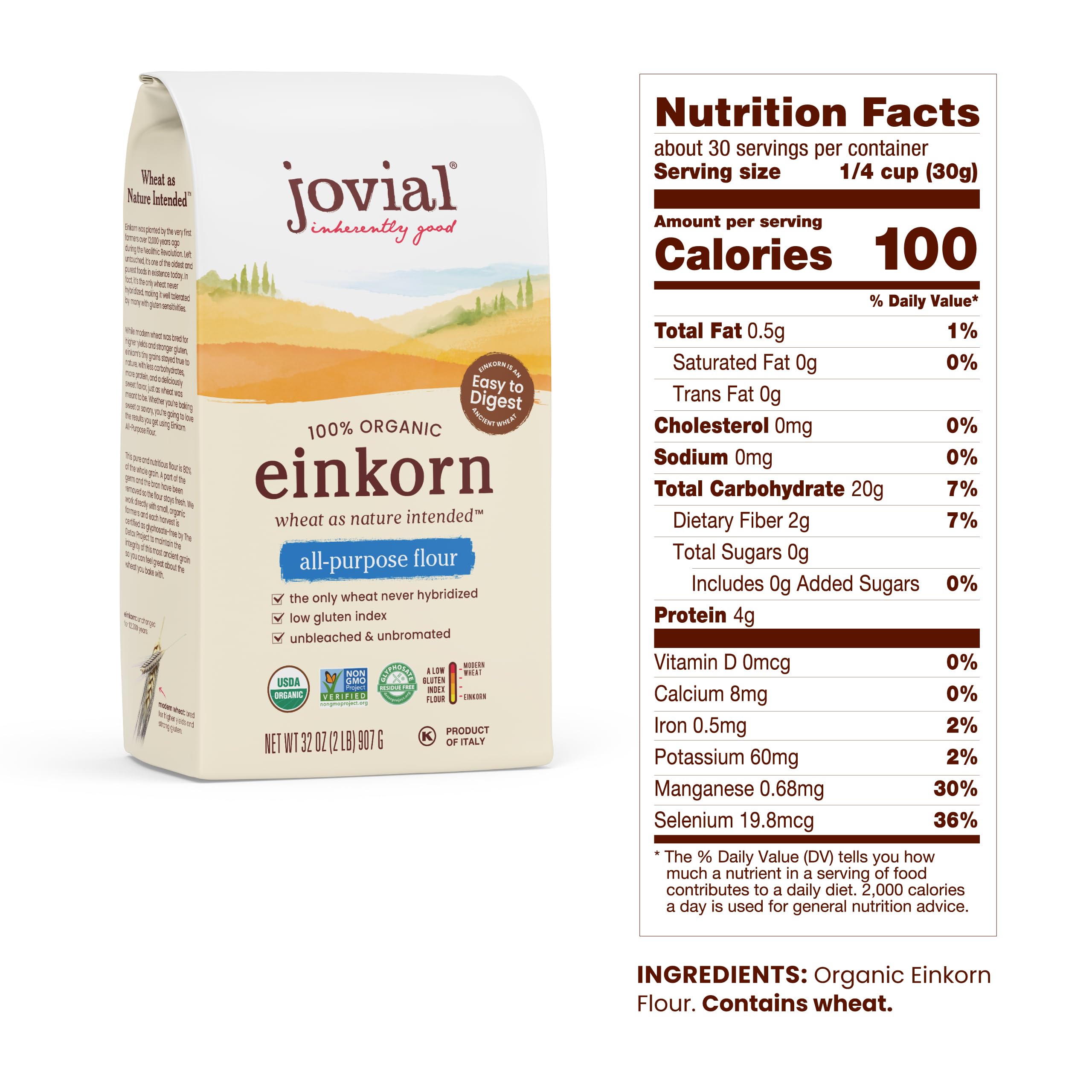 Jovial Einkorn flour bag close-up highlighting purity and organic farming credentials.