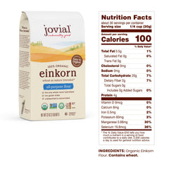 Jovial Einkorn flour bag close-up highlighting purity and organic farming credentials.