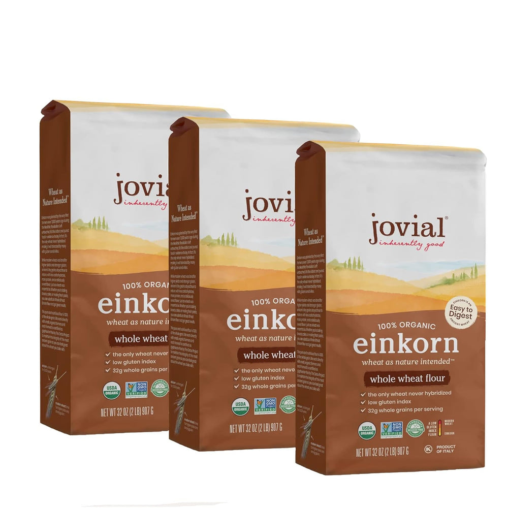 Jovial Einkorn flour bag front showing organic ancient wheat for flavorful baking.