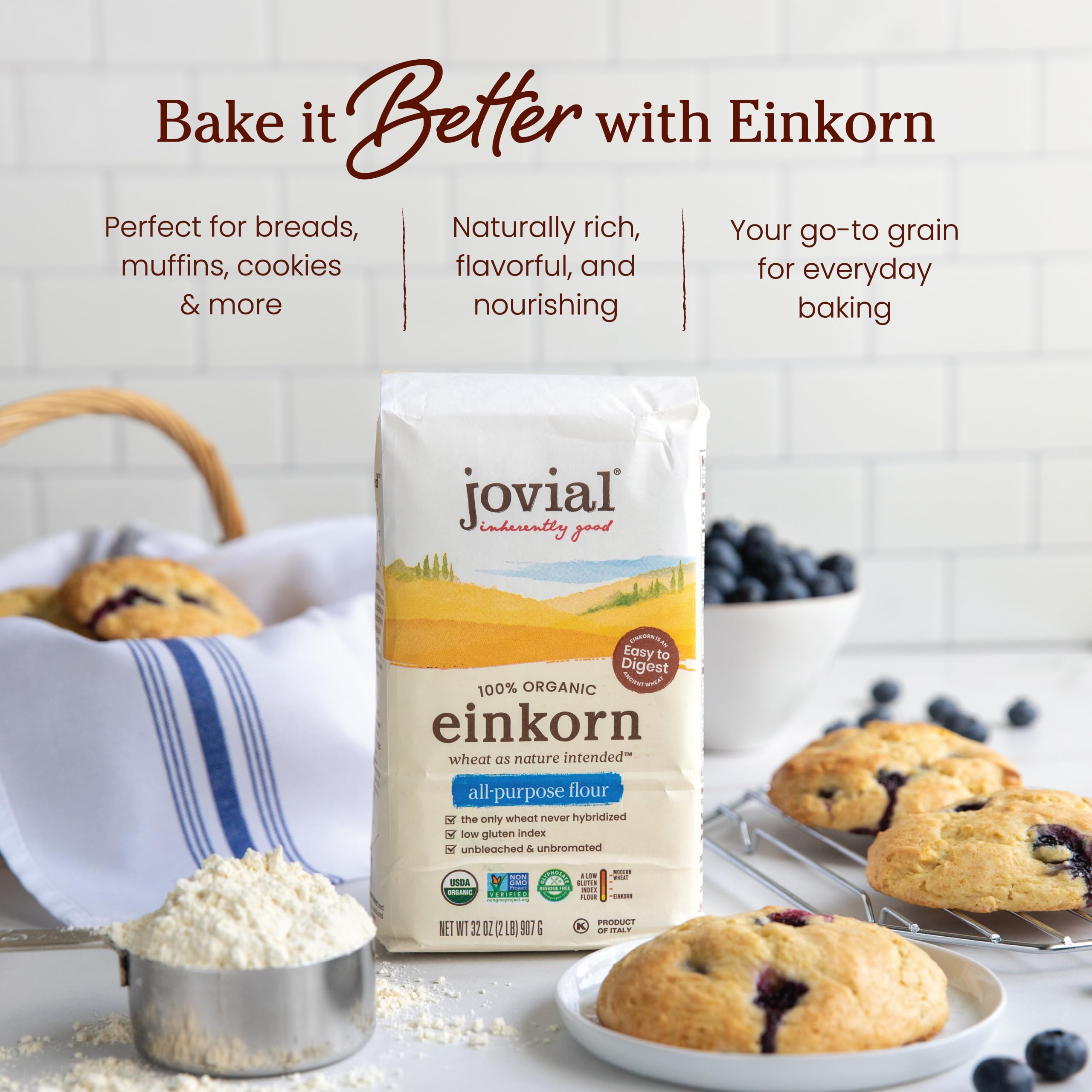 Jovial Einkorn flour bread slice reveals pale yellow crumb and nutty aroma