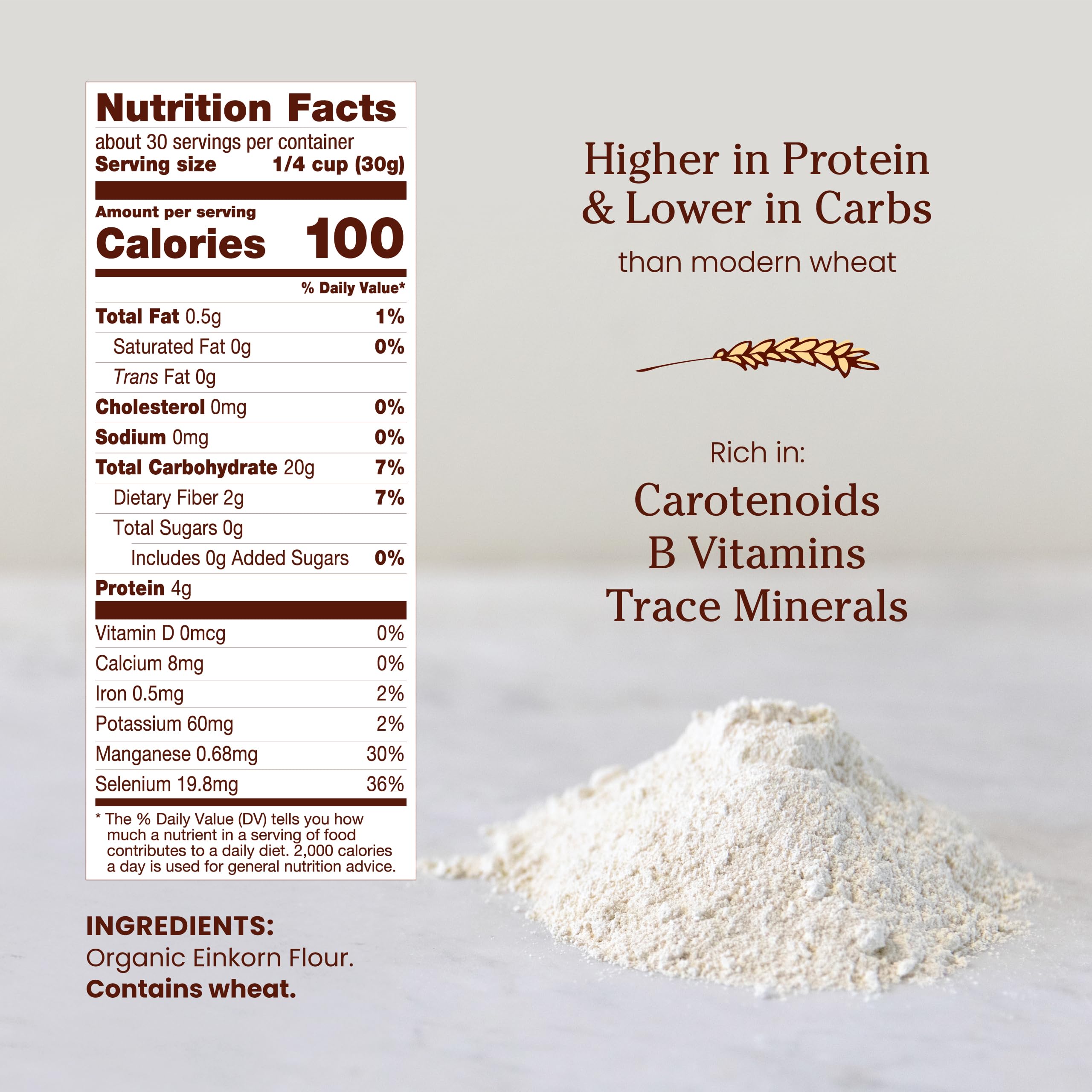 Jovial Einkorn flour label showing organic and non-GMO verification for trusted ingredients.