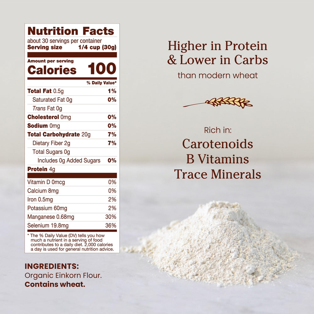 Jovial Einkorn flour label showing organic and non-GMO verification for trusted ingredients.