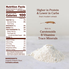 Jovial Einkorn flour label showing organic and non-GMO verification for trusted ingredients.
