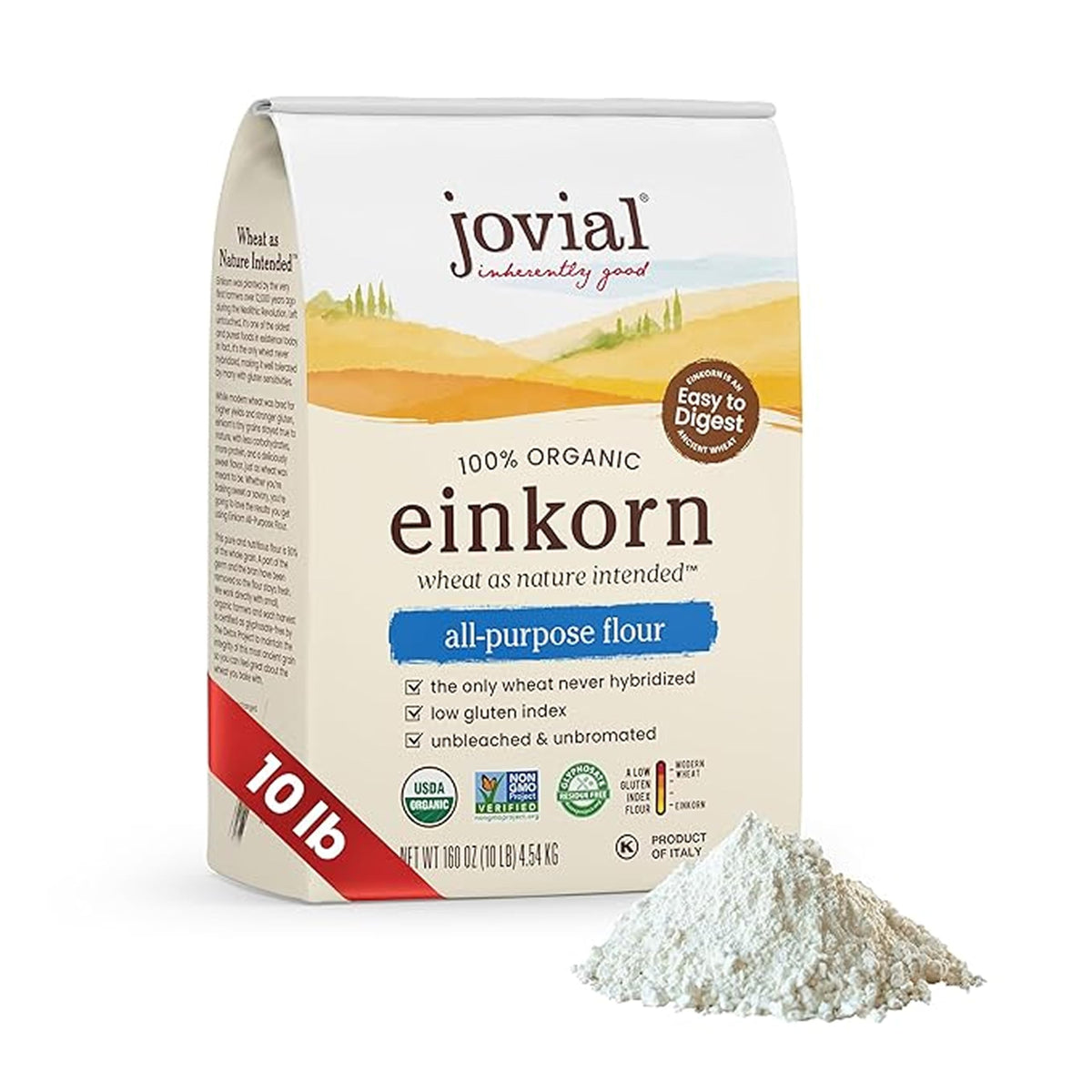 Jovial Einkorn flour packaging front shows organic, non-GMO quality for wholesome baking